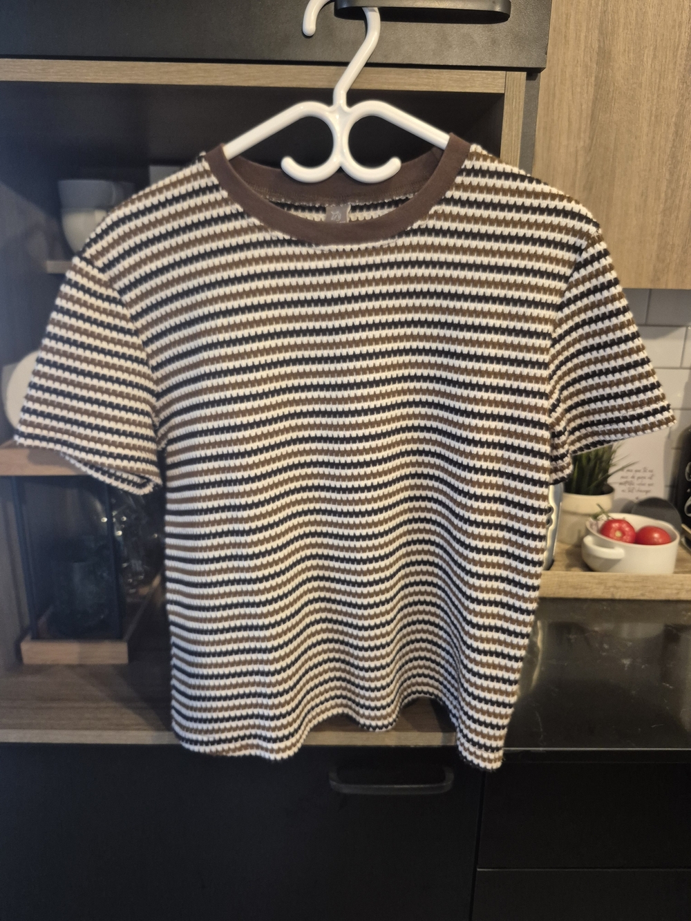 Striped Short-Sleeve Knit Top in Brown and Cream